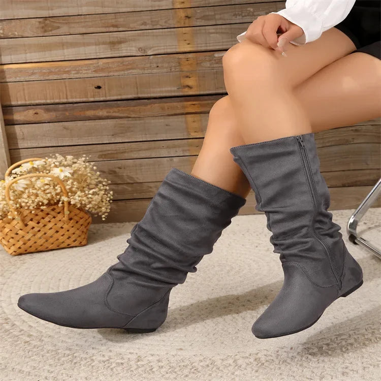 Women’s High-Top Casual Boots – Folded Zipper, Flat Bottom, Alligator Patterned Comfortable Footwear