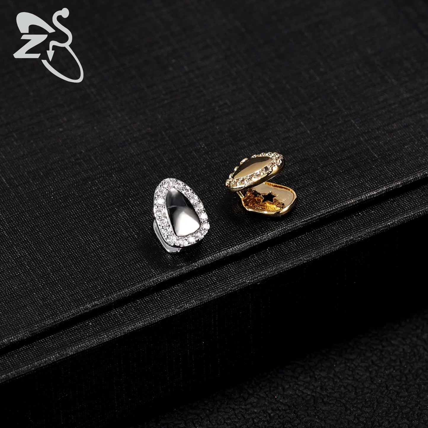 ZS Hip Hop Grillz – Silver/Gold Plated CZ Crystal Cross & Rose Star Tooth Cap, Top & Bottom Set