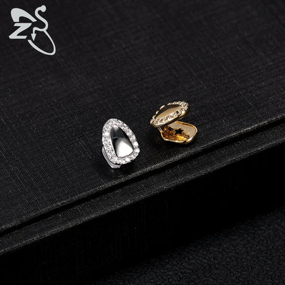 ZS Hip Hop Grillz – Silver/Gold Plated CZ Crystal Cross & Rose Star Tooth Cap, Top & Bottom Set