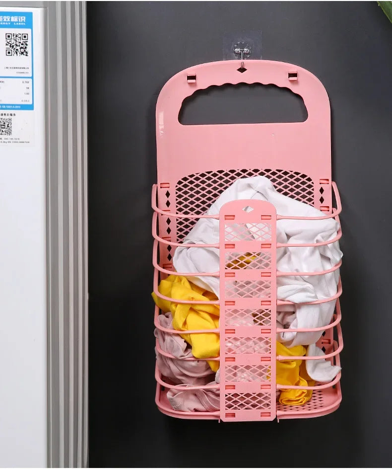 Foldable Plastic Laundry Basket – Wall-Mounted Non-Perforated Clothes Storage for Bathroom
