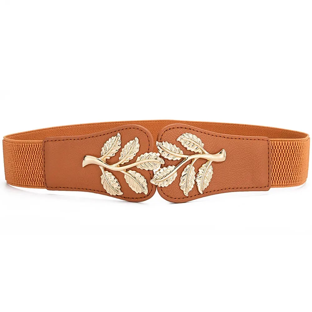 Women’s Wide Waist Belt – Gold Leaf Elastic with Double Hook Buckle, Fashionable Skirt Accessory