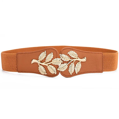 Women’s Wide Waist Belt – Gold Leaf Elastic with Double Hook Buckle, Fashionable Skirt Accessory