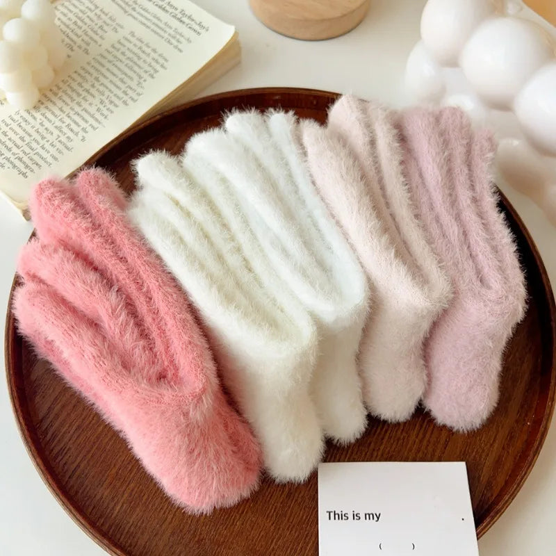 Thickened Pink Mink Fur Heart Embroidered Socks — Women’s Autumn Winter Warm Plush Mid-Tube Home Sleep Socks