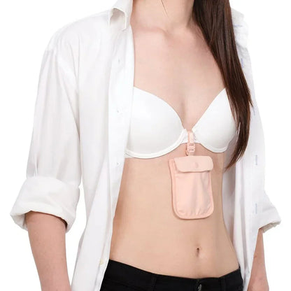 Women’s Hidden Bra Wallet – Solid Color Travel Money Belt Pouch with Flap Clasp Cotton Pocket