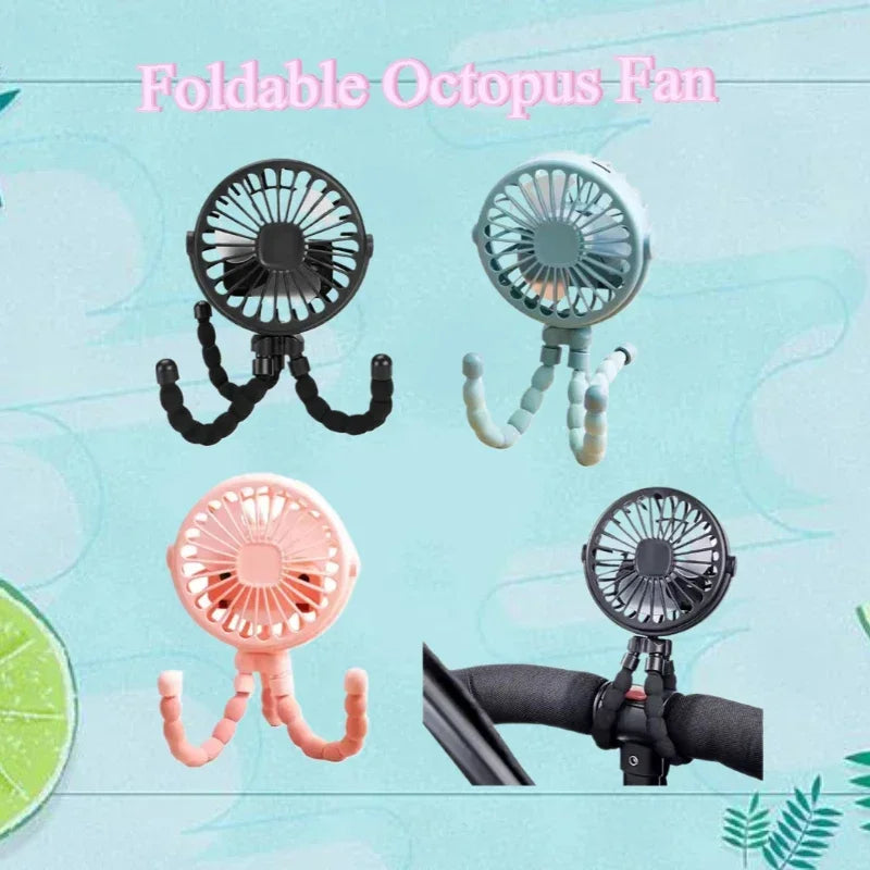 Mini Octopus Stroller Fan – Handheld USB Charging Bladeless Fan, Small Folding Silent Fan for Table, Outdoor, and Baby Use