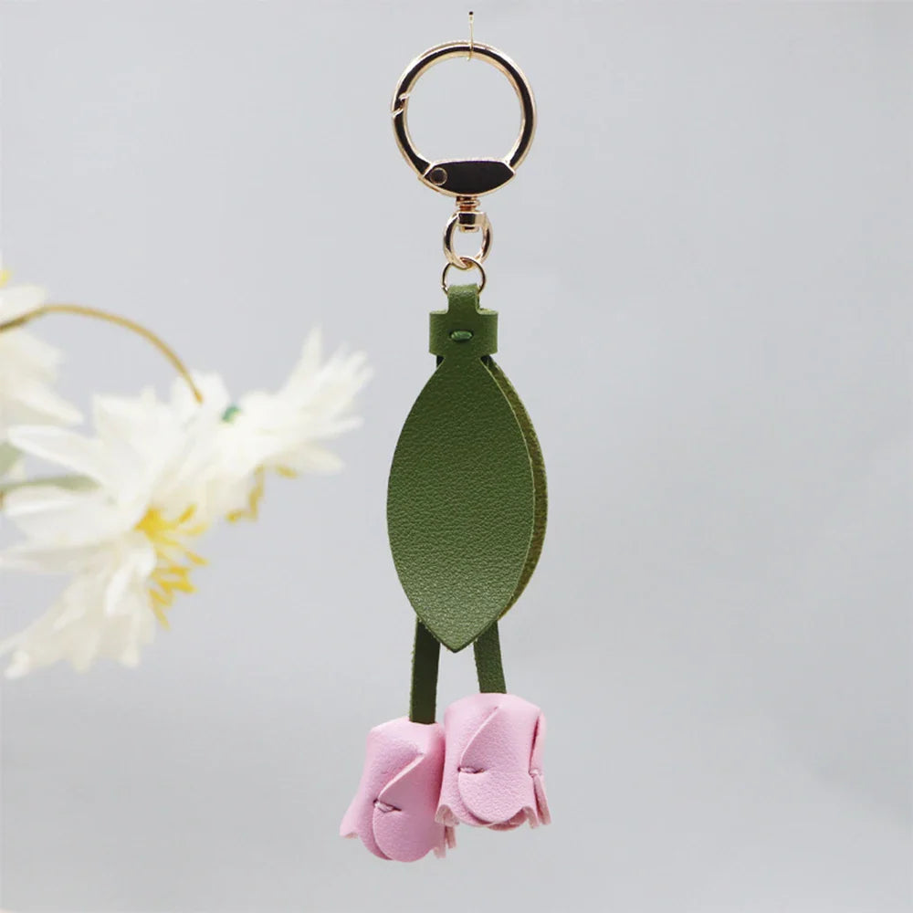 Fashion Tulip PU Leather Bag Charm Keychain – Cute Flower & Leaf Pendant, Creative Handbag Decoration Gift for Family & Friends
