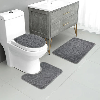 Solid Color Bathroom Floor Mat Set – Water-Absorbing, Non-Slip Stone Pattern, Comfortable & Soft 3-Piece Set