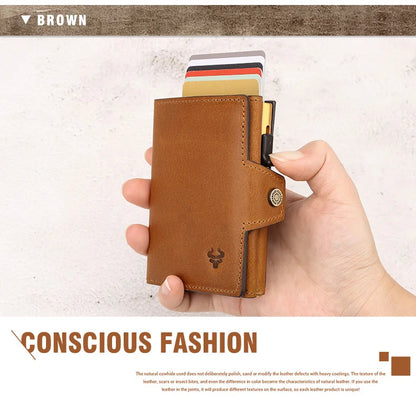 HUMERPAUL Men’s Pop-Up Card Holder – Crazy Horse Leather RFID Blocking Slim Wallet with Money Pocket & Metal Bank Card Case