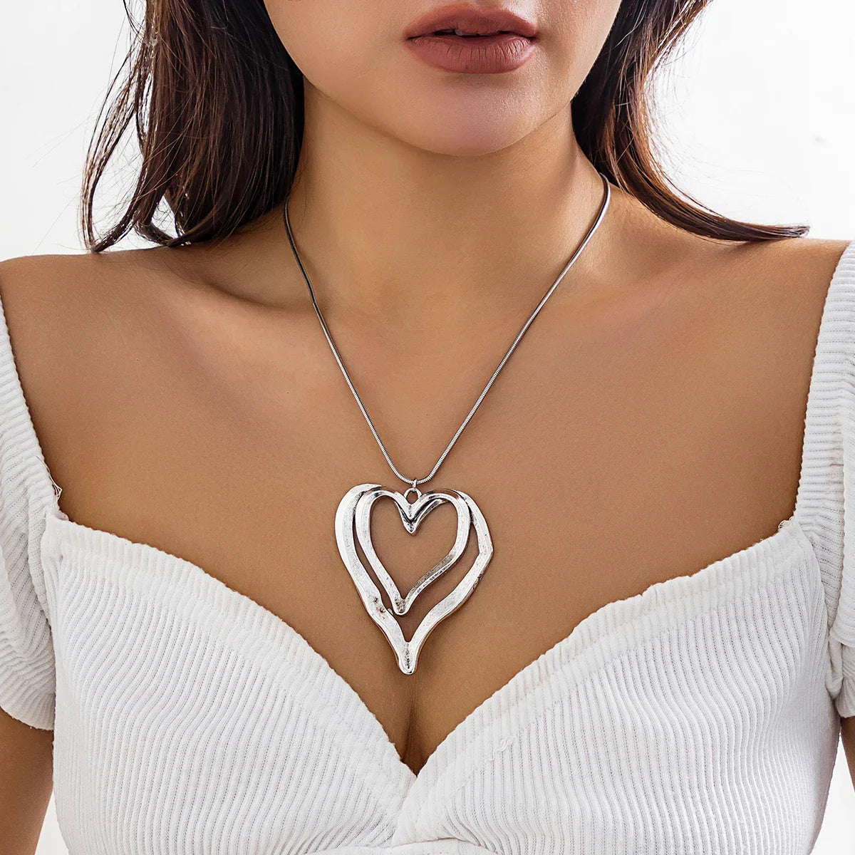 PuRui Punk Double Heart Ring Pendant Choker – Thin Metal Snake Chain Necklace for Women, Party Jewelry Collar