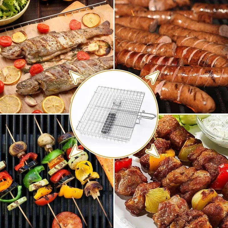 Large Stainless Steel Grill Basket – Folding BBQ Rack for Fish, Portable Outdoor Camping & Cooking Accessories