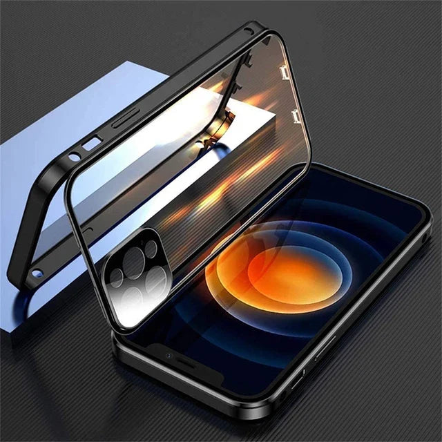 360° Full Protection Magnetic Metal Phone Case - Double Sided Glass Snap Lock Bumper Cover for iPhone 16 Pro Max 15 14 13 12 11 Pro Max