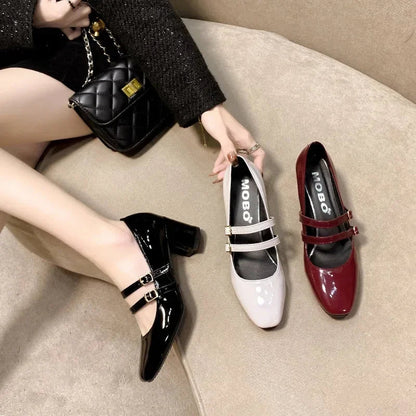 2025 Women’s Double Buckle Leather Shoes – Square Toe & Heel, Solid Color Spring & Autumn Footwear