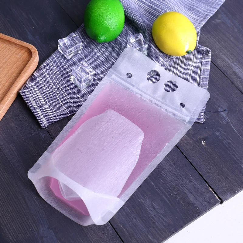 50PCS Frosted Disposable Plastic Liquid Bags with Straw - Sealable Pouches for Juice, Coffee, and Drinks - Perfect for Parties