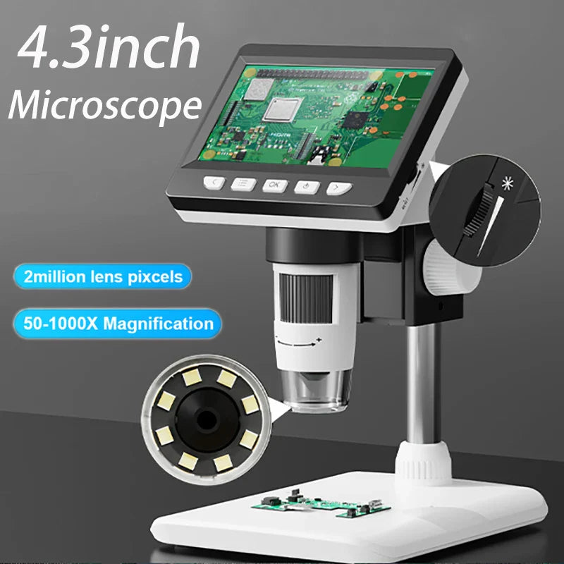Digital Microscope 4.3” IPS Screen – 1600X Magnification 2MP USB Coin & PCB Inspection Microscope for Watch Repair & Electronics