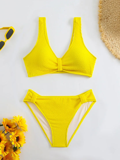 2025 Summer Women's Two-Piece Swimsuit – Solid High Waist V-Neck Backless Bikini Set Beachwear