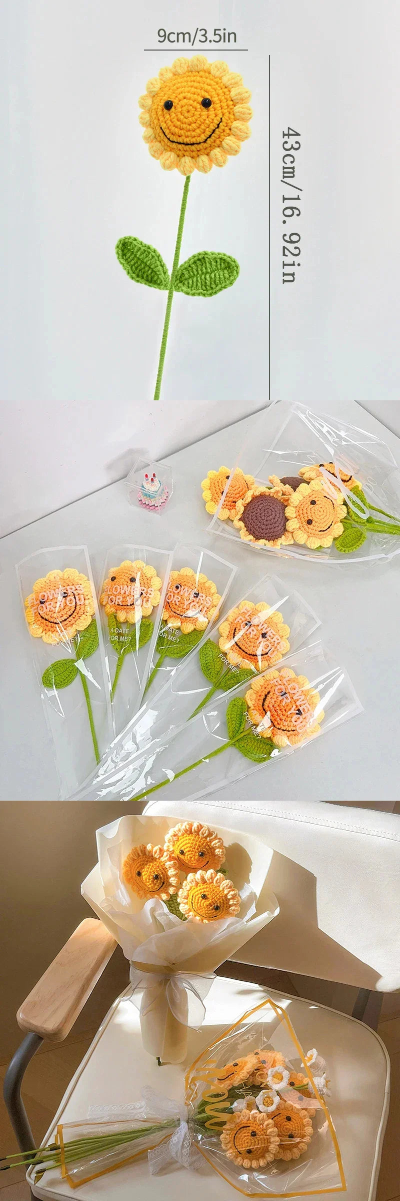 Hand-Woven Sunflower Bouquet – Creative Wool Knitted Flowers for Decorations, Teacher’s Day, Mother’s Day & Birthday Gifts