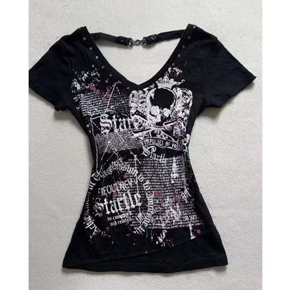 Y2K Women’s Gothic Grunge Crop Top – Vintage Punk Print Slim Fit Streetwear T-Shirt 2000s Retro Style