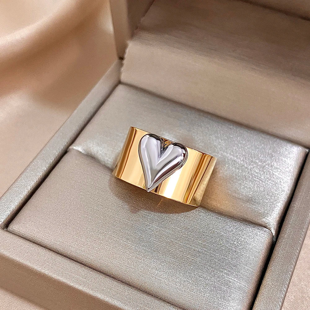 Greatera Stainless Steel Heart Cuff Ring – Wide Thick Statement Jewelry for Women & Men, European American Style