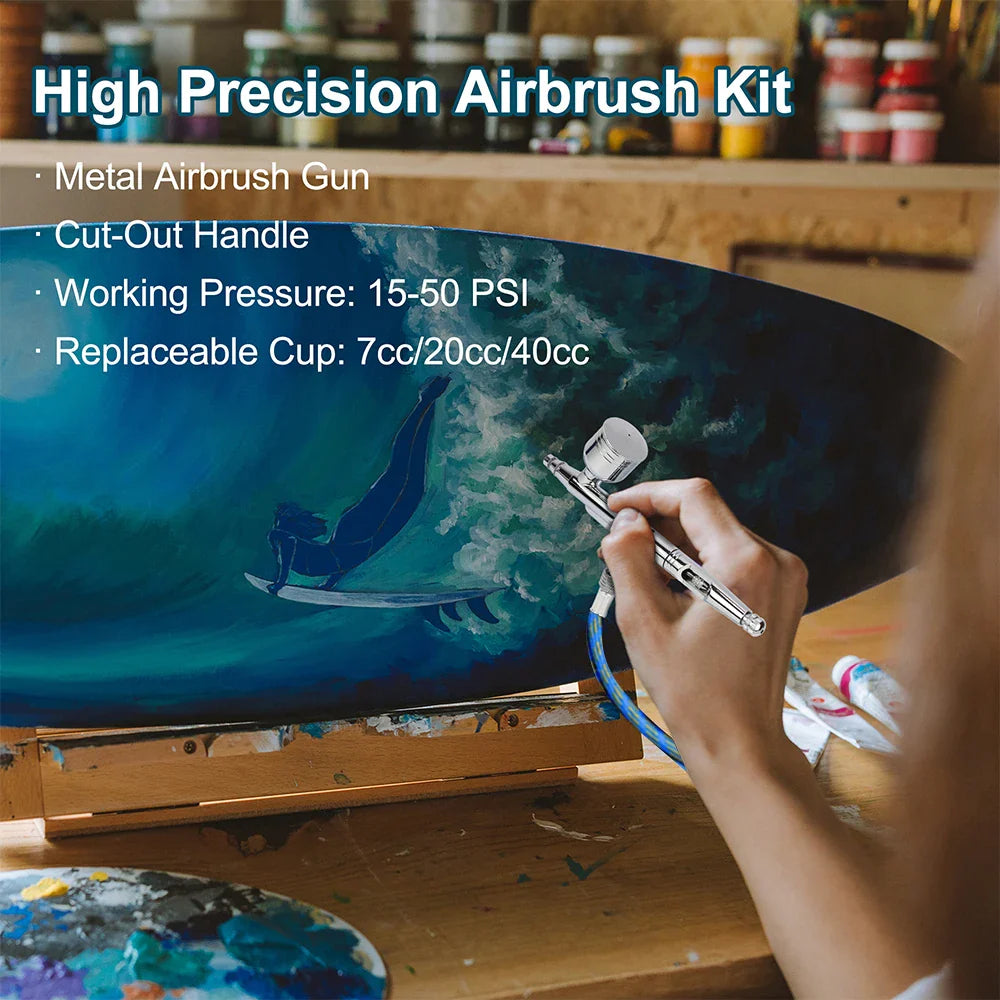 Dual-Action Gravity Airbrush Kit with 0.2/0.3/0.5mm Needles, 7/20/40cc Cups & Cleaning Tools for Makeup, Nail Art, Painting & Car Detailing