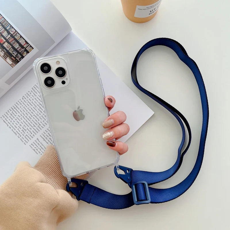 Crossbody Shoulder Strap Phone Case - Transparent Shockproof Cover for iPhone 17 Air, 16, 15, 14, 13 Pro Max & More