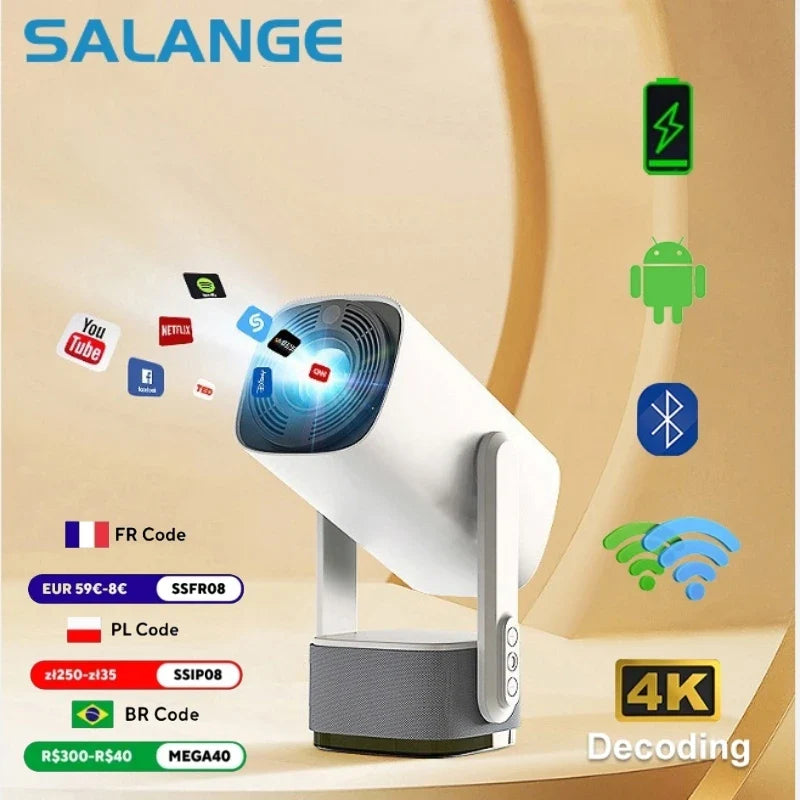 Salange K2 4K Smart Projector – Android 11, Built-in Battery, Bluetooth Speaker, WiFi, Auto Focus & Keystone for Outdoor Movies