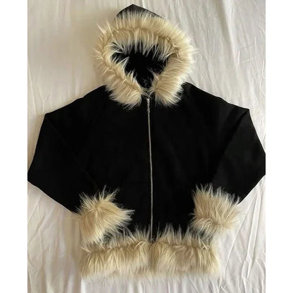 Casual Y2K Zip-Up Hoodie – Faux Fur Collar Harajuku Streetwear Rock Goth Punk EMO Sweatshirt Jacket