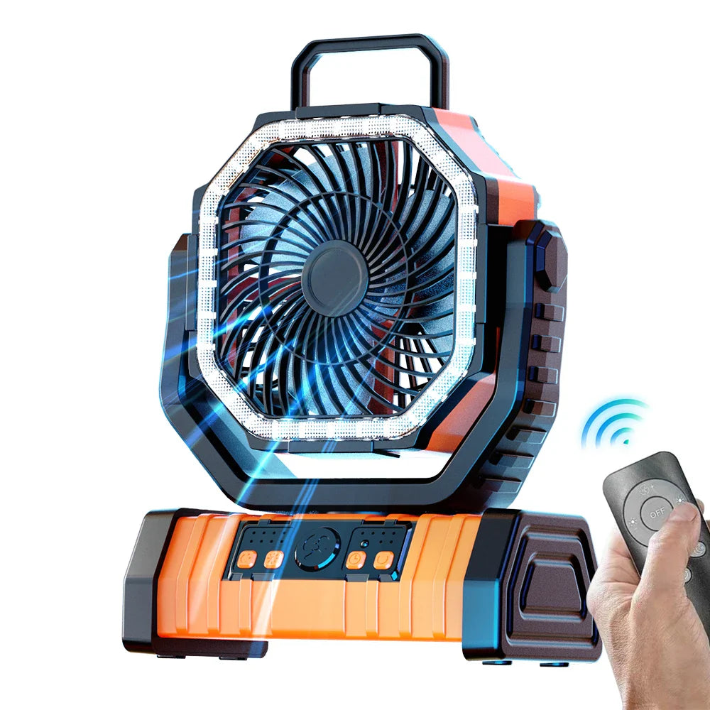 20000mAh Portable Rechargeable Fan — Battery-Operated Desk & Camping Fan with LED Light & Hook for Tent, Car, and Outdoor Trips