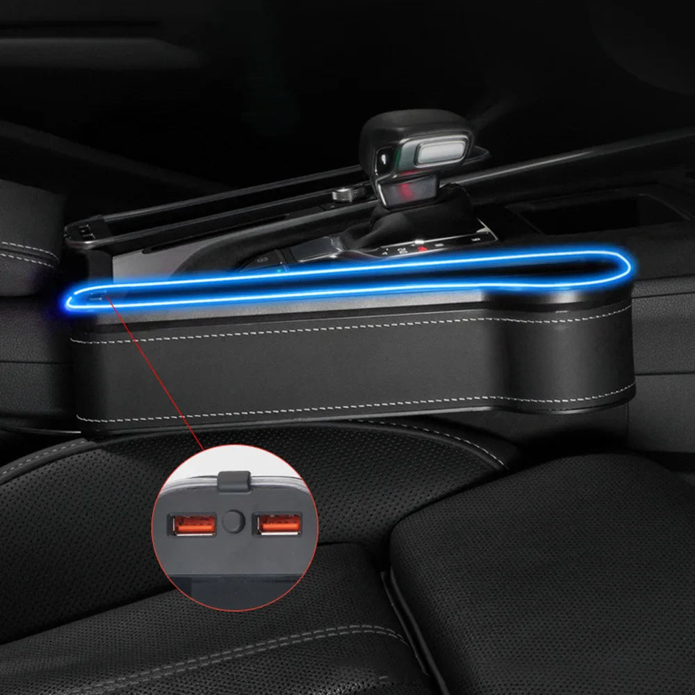 Car Crevice Storage Box with 2 USB Charger – LED Seat Gap Organizer, Phone, Bottle, and Cup Holder
