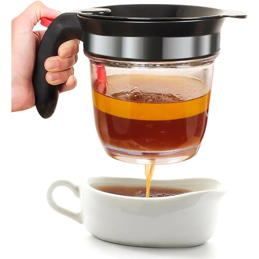 Fat Separator with Built-In Oil Strainer – Mess-Free Grease Separation Kitchen Utensil