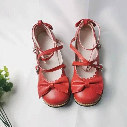 HoneyCherry Lolita Princess Shoes – Women’s Cute Flats with Bow, Cross Straps & Low Round Design
