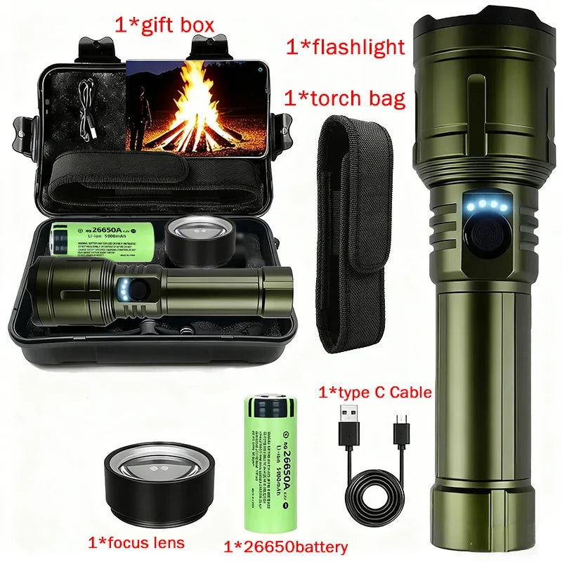 Flashlight Lighter & Power Bank - Rechargeable 5-Mode Zoomable LED Torch for Camping & Emergencies