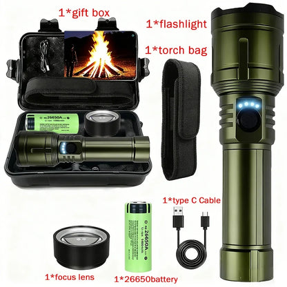 Flashlight Lighter & Power Bank - Rechargeable 5-Mode Zoomable LED Torch for Camping & Emergencies