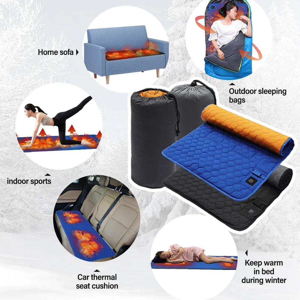 7-Zone USB Electric Heated Camping Mat - Foldable Sleeping Pad with Adjustable Temperature for Outdoor Warmth and Comfort