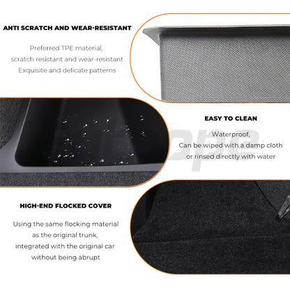 Futhope Car Trunk Side Storage Box for Tesla Model Y 2018-2024 – Hollow Cover Organizer with Flocking Mat & Partition Board
