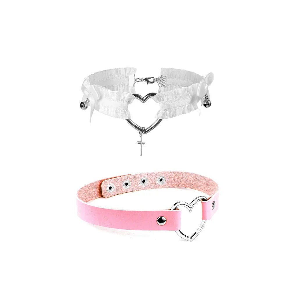 Pink Gothic Collar Necklace – Trendy Rock Leather Heart with Rivets, Harajuku Punk Choker Jewelry for Women, Gift Idea