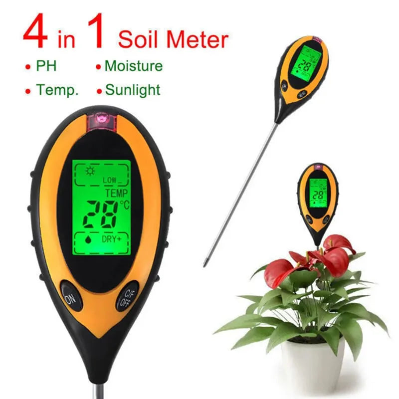 4 in 1 Soil Instrument - Illuminance, pH, Temperature & Humidity Test Detector with Digital Display and Backlight