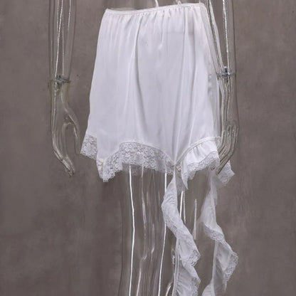 Women’s White Lace Asymmetrical Midi Skirt – High Waist Satin Slim Fit Summer Casual Street Chic Skirt