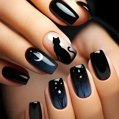 24PCS Short Square Coffin False Nails – French Glitter Acrylic Press-On Nail Tips with Glue, Wearable Fake Nails Set