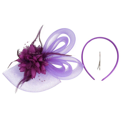 Women's Flower Mesh Fascinator with Ribbons and Feathers - Brides Hair Accessories, Headband or Clip for Cocktail Tea Party Headwear