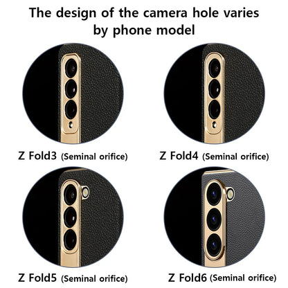LANGSIDI Leather Case for Samsung Galaxy Z Fold 6/5/4/3 – Gold Plated Magnetic Hinge Cover with Mirror Film & Stand