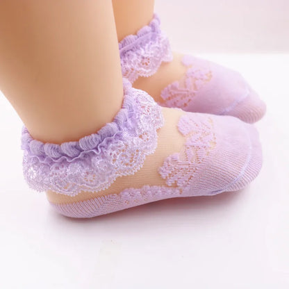 Summer Girls’ Mesh Cotton Socks with Ruffle Lace, Flower Princess Anti-Slip White Socks for Kids