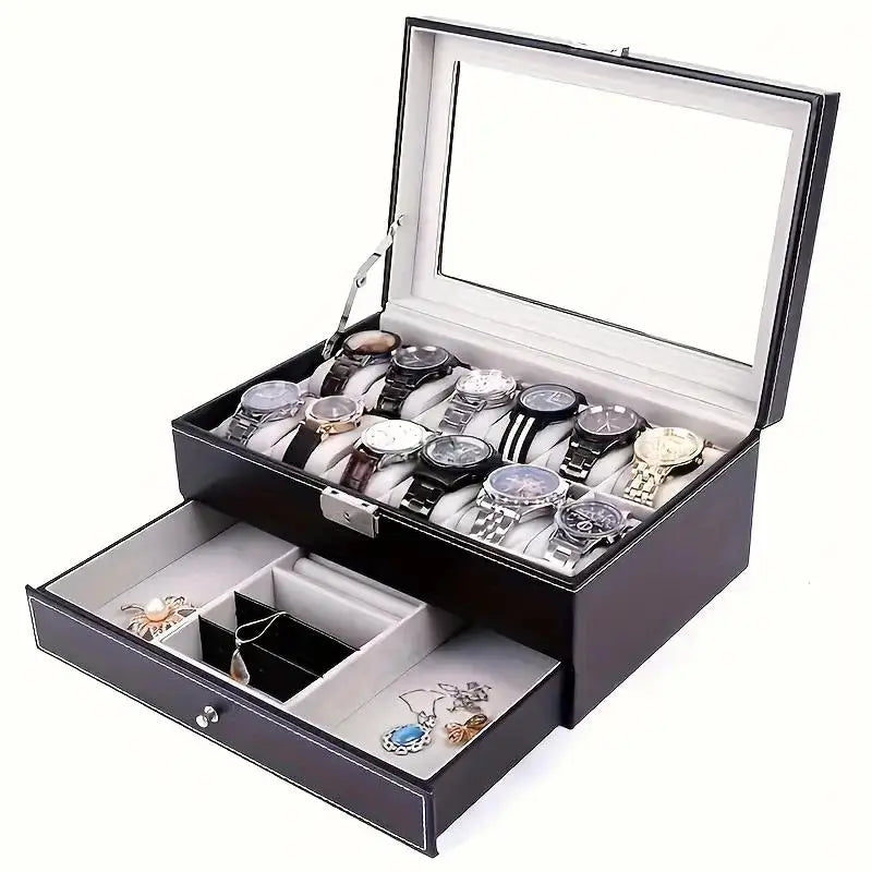 PU Leather Jewelry & Watch Organizer Box — Storage Case for Rings, Earrings, Bracelets, Perfect Gift Casket