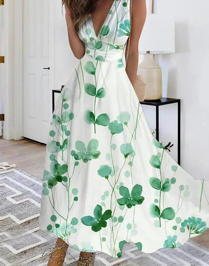 Women's Summer V Neck Maxi Dress - Sleeveless High Waist Elegant Print Dress for Office & Holiday Wear