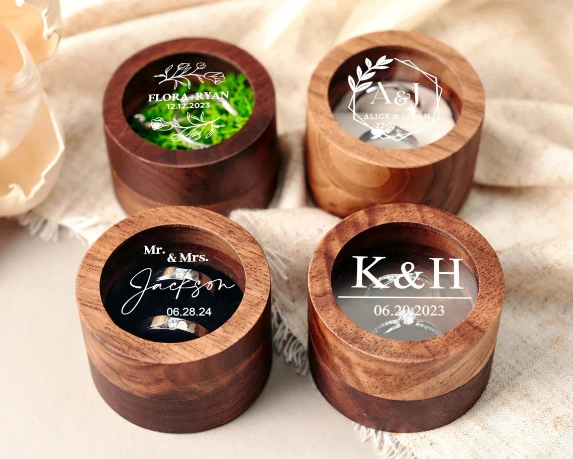 Custom Logo Wooden Ring Box – Engraved Walnut Wood Wedding & Engagement Box with Name & Date