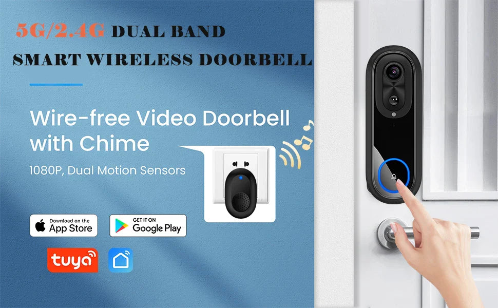 5G/2.4G WiFi 1080P Wireless Video Doorbell — Tuya App Smart Intercom, IP65 Waterproof, 7000mAh Battery