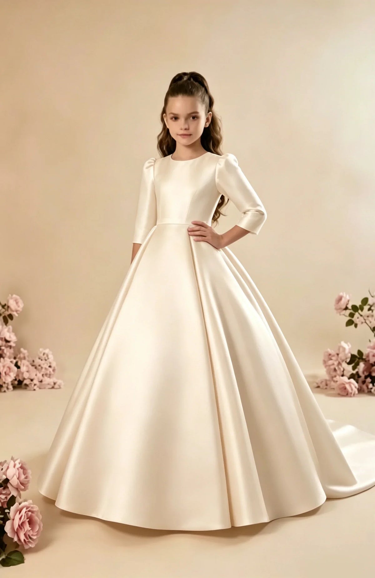 Girls First Communion Satin Dress - Long Sleeve A-Line Princess Gown for Weddings & Parties
