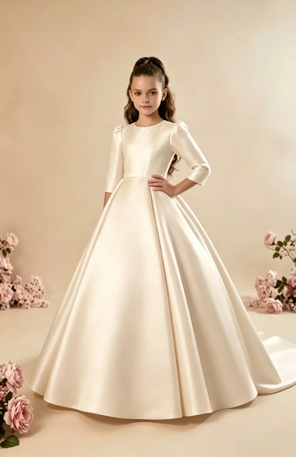Girls First Communion Satin Dress - Long Sleeve A-Line Princess Gown for Weddings & Parties