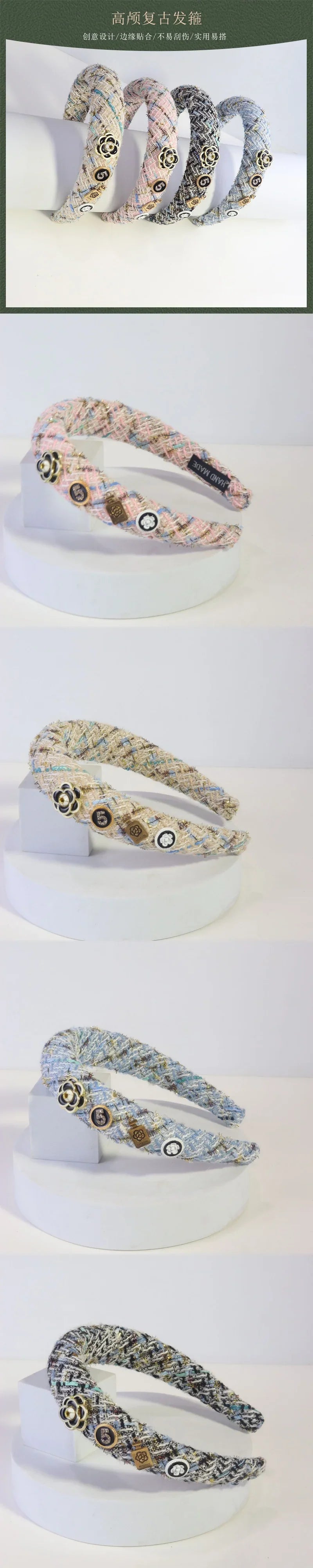 Black & White Camellia Embroidery Hairband – Woolen Weave Padded Headband for Women, French Fashion, Autumn/Winter 2023