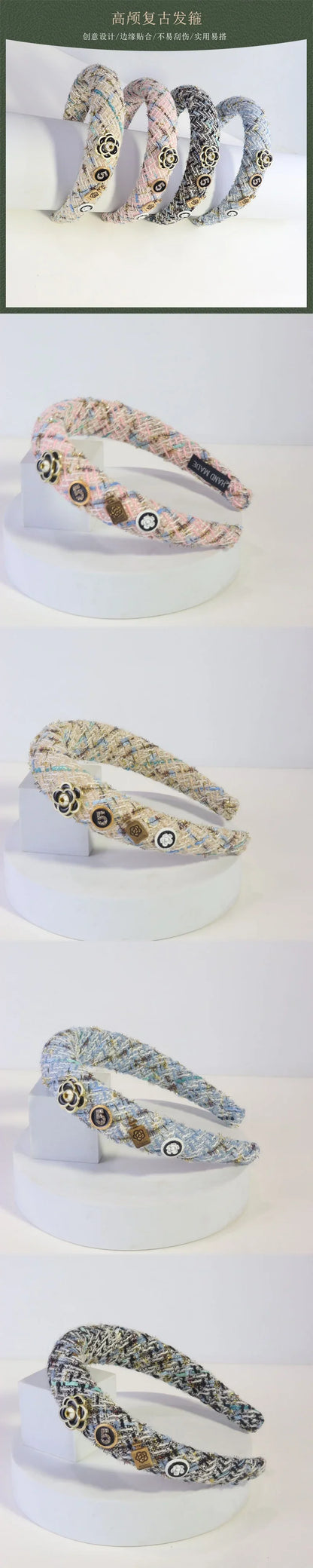Black & White Camellia Embroidery Hairband – Woolen Weave Padded Headband for Women, French Fashion, Autumn/Winter 2023