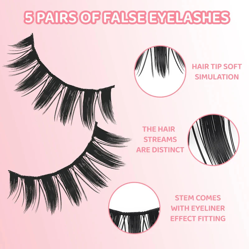 DINGSEN 5 Pairs Manga Style False Eyelashes — Soft, Natural, Long Anime Wispy Strip Lashes for Makeup